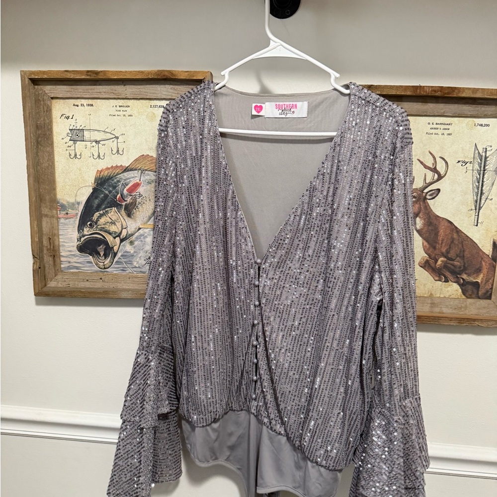 Southern Fried Chicks Sparkling Gray Sequin Blouse